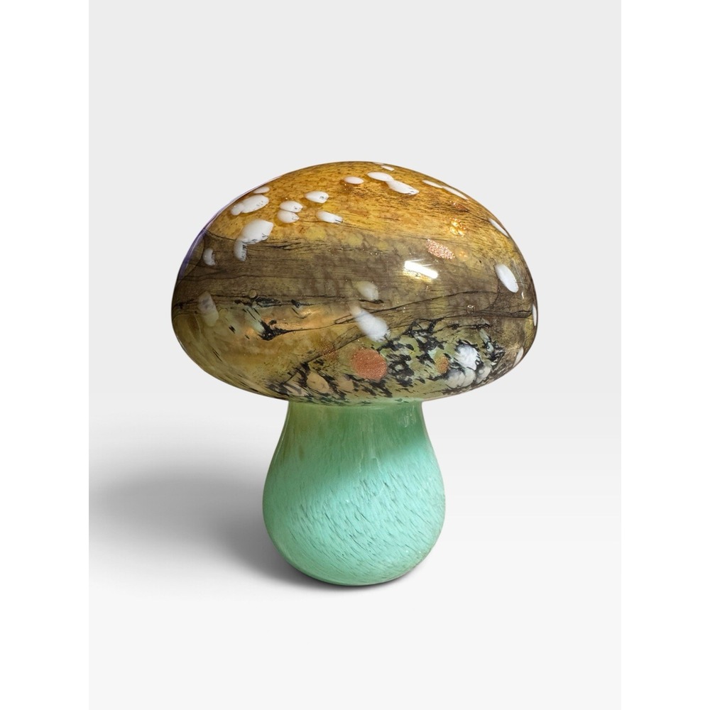 Hand Blown Art Glass Mushroom Figurine Green Brown White Spotted 7.5"
